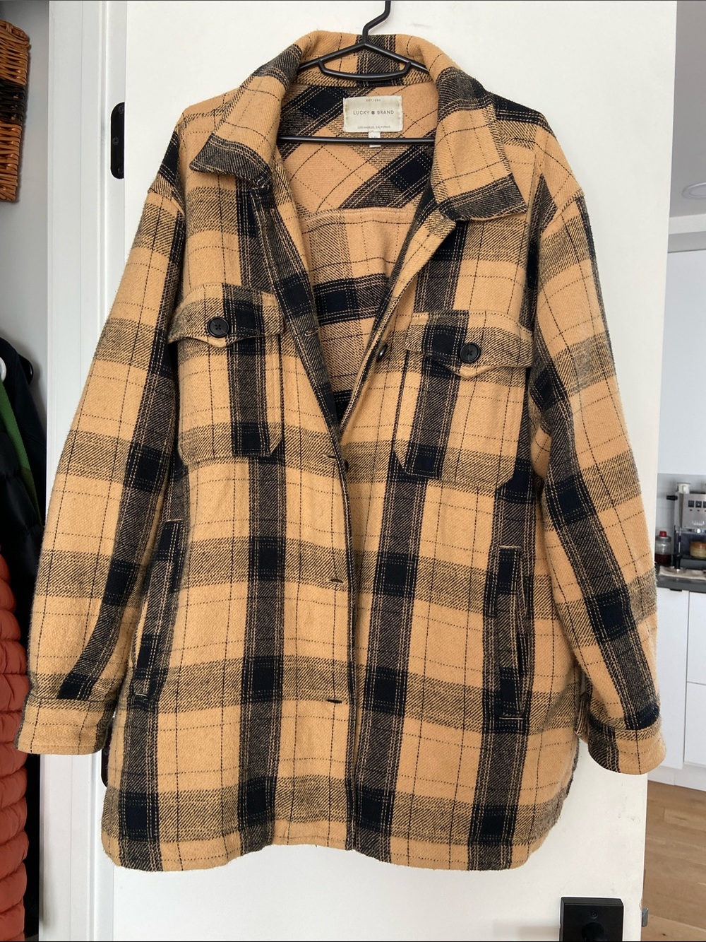 Lucky Brand Tan & Black Plaid Shacket Jacket